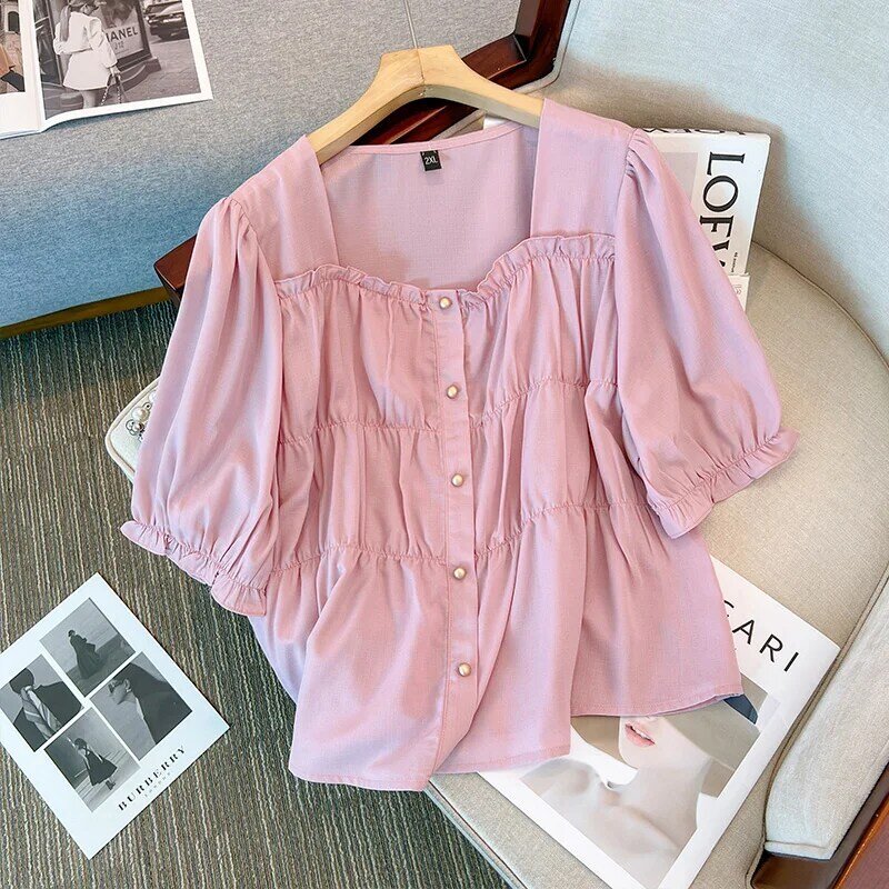 플러스 사이즈 스퀘어넥 상의, 오버사이즈 여성 셔츠, 루즈하고 날씬해 보이는 프렌치 셔츠, 여름 신상, 3252