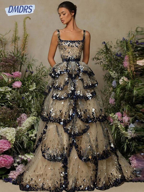 Glänzende quadratische Abendkleider klassisches gestuftes ärmelloses Kleid für Braut elegantes A-Linie Brautkleid vestido de novia