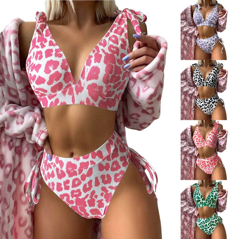 Conjunto de Bikini de cobertura completa para mujer, traje de baño de cintura alta, bañador Sexy con estampado de leopardo, ropa de baño 2024