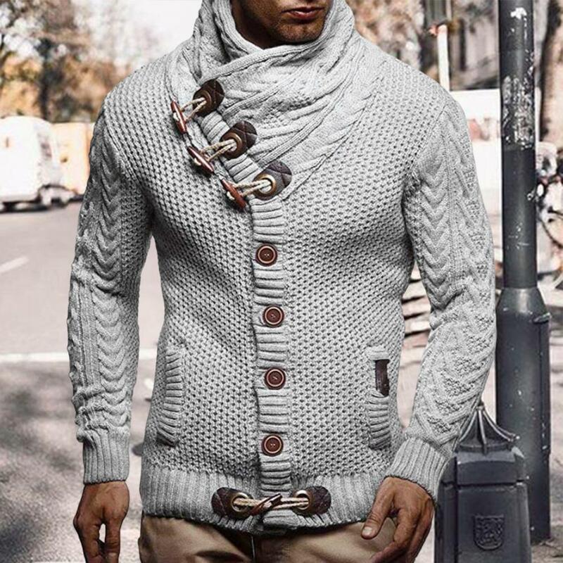 Stylish  Men Sweater Warm Pure Color Slim Fit Cardigan Sweater Horn Buttons Thick Knitted Sweater for Outdoor