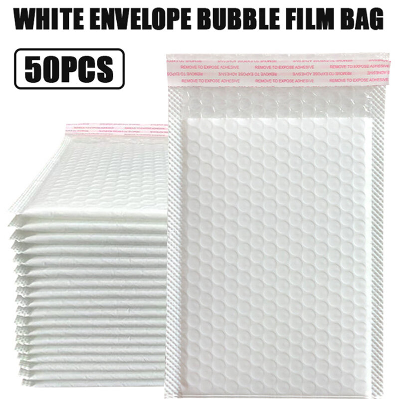 Bolsa de sobre de burbujas con película de perlas blancas, 50 piezas, impermeable, acolchada, para correo, autosellado, embalaje de envío, 15x20cm