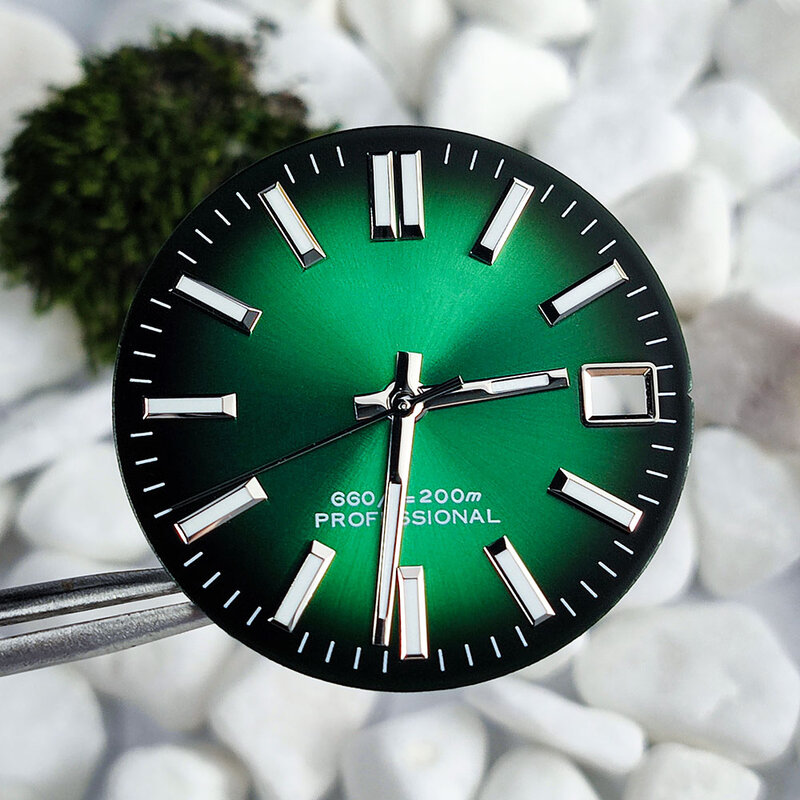 Jam tangan kaca NH35, 28.5MM biru es bercahaya merah dial hijau coklat tanggal wajah nh35 nh36 suku cadang jam