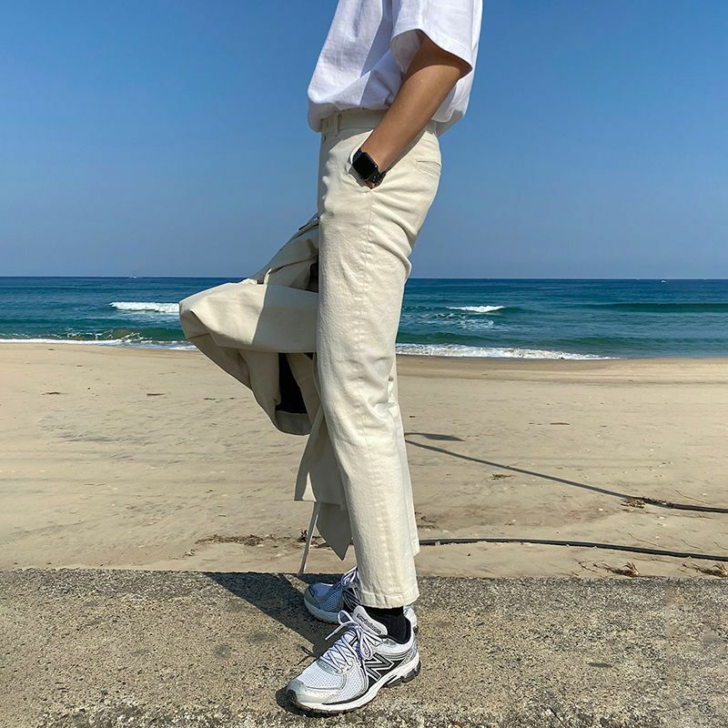 2023 New Brand Summer Cotton Ankle Length Pants Men Zipper Button Fly Korean Solid Slim Casual Trousers Male Clothing N49