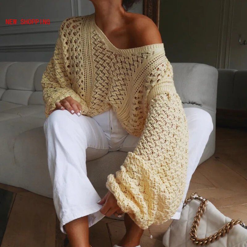 Damska 2023 wiosenna moda seksowna swetry z wycięciami jesienna dekolt w szpic luźny rękaw z lampionem w cienkim swobodny sweter jednolitym kolorze