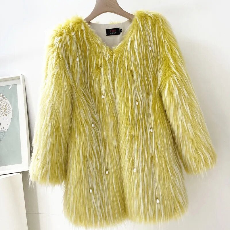 Jaqueta longa de pele de raposa feminina, casaco Parker grosso e quente, borlas soltas, cabelo de guaxinim imitado, casaco de inverno, nova moda