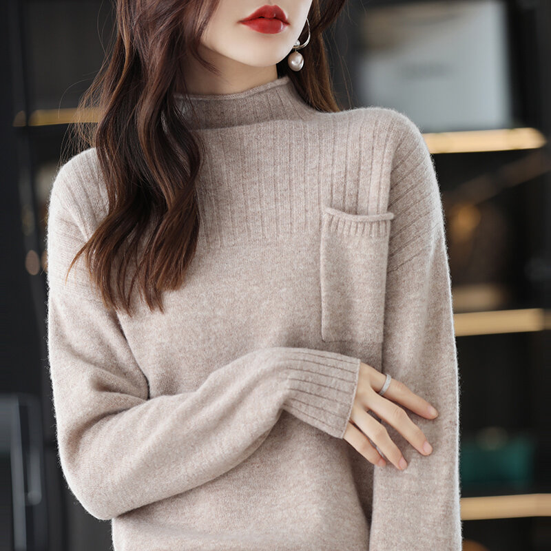 Suéter de cuello redondo medio alto para mujer, nuevo estilo con bolsillos, camisa de punto de lana pura, suelta y gruesa, otoño e invierno, 2022