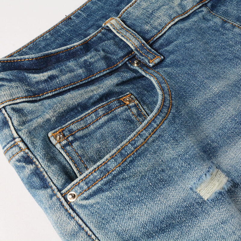 Джинсы мужские стрейчевые, модные рваные джинсы в стиле ретро, синие Брендовые брюки-стрейч в стиле хип-хоп, с заплатками