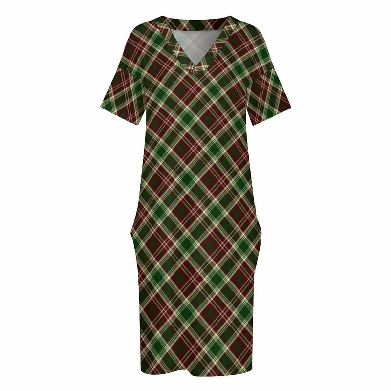 Vintage Plaid Kleid V-Ausschnitt bunte Linien drucken Kawaii Kleider Damen Basic bedruckte Freizeit kleid mit Taschen große Größe