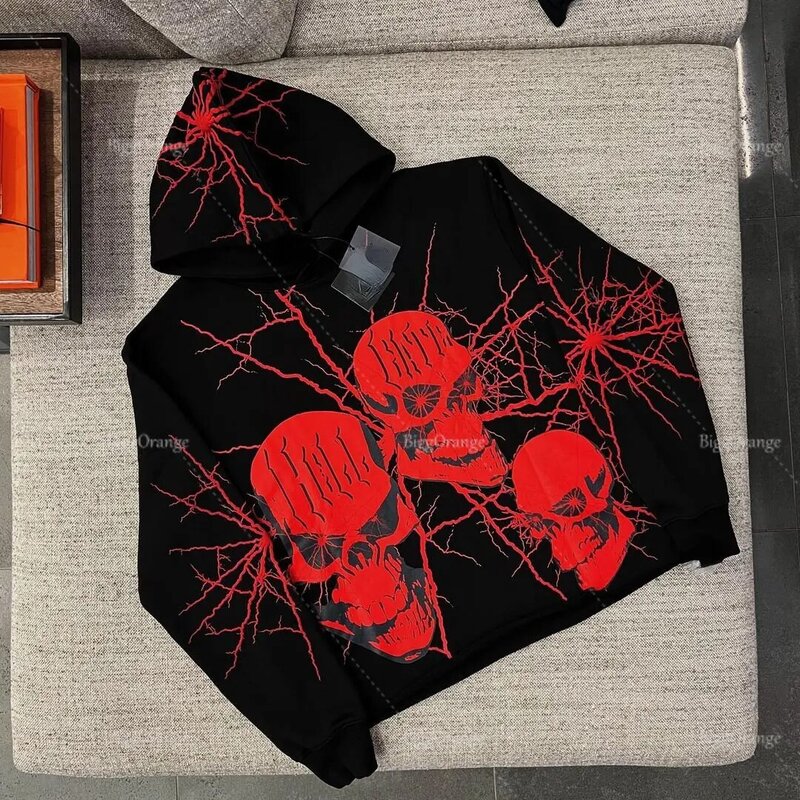 Estilo americano novo gótico vermelho crânio imprimir camisola personalidade padrão explosão impressão camisola com capuz