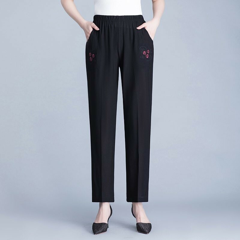 Pantalones elásticos de cintura alta para mujer de mediana edad, pantalón informal con bordado de flores, color negro, primavera y verano