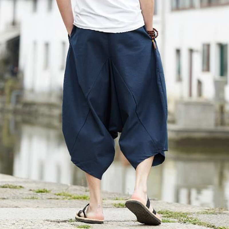 Japanese Style Wide Leg Silid Men Pants Kung Fu Large Size Baggy Yoga Drop Crotch Streetwear Harem Men Trousers