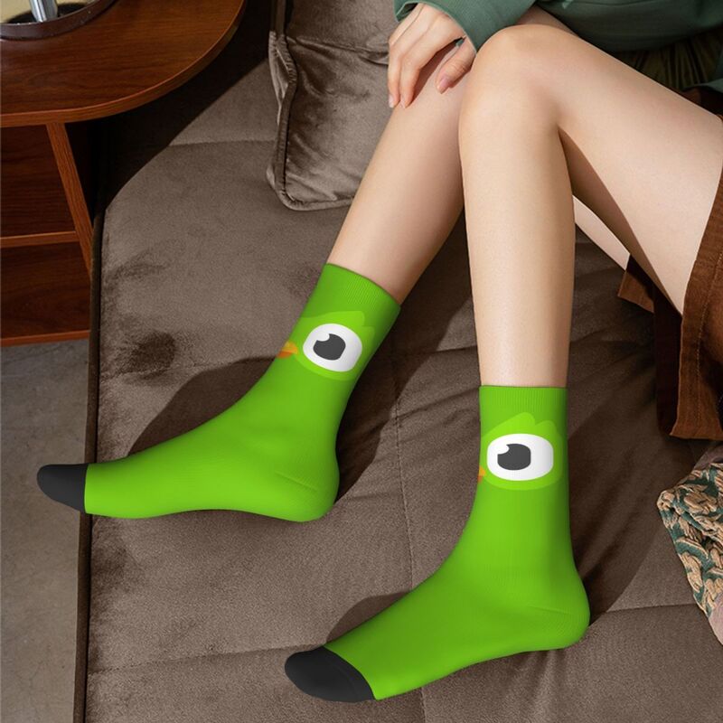 Kaus kaki basket wajah Duolingo Retro, kaus kaki tabung tengah poliester kartun untuk pria dan wanita