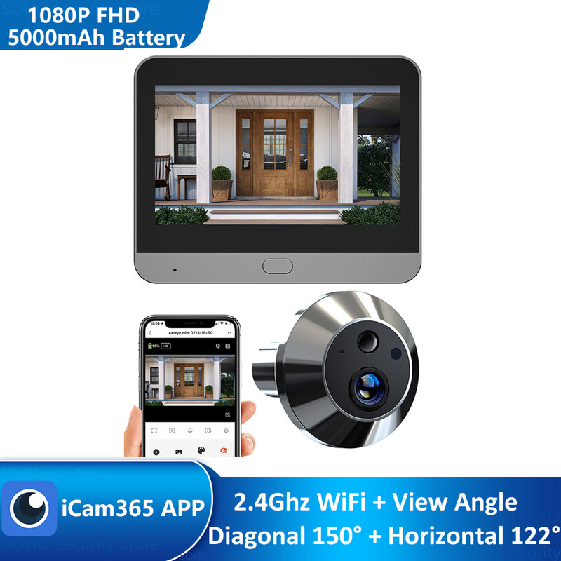 Умная мини-цифровая дверная камера 1080P с дверным глазком, беспроводная Wi-Fi, инфракрасный IR PIR-приемник, цифровой просмотрщик, дверной звонок, приложение iCam365