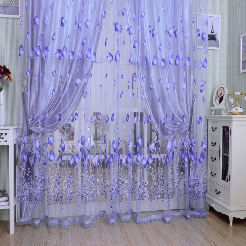 1 Pc Window Curtains Sheer Voile Tulle For Bedroom Living Room Balcony Kitchen Printed Tulip Pattern Sun-Shading Curtain