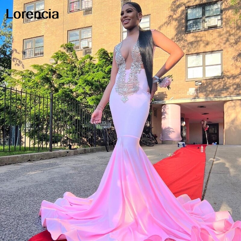Gaun Prom putri duyung merah muda seksi lorensia untuk Gadis hitam 2024 kristal perak bermanik gaun pesta Formal gaun Gala Vestidos De Festa YPD124