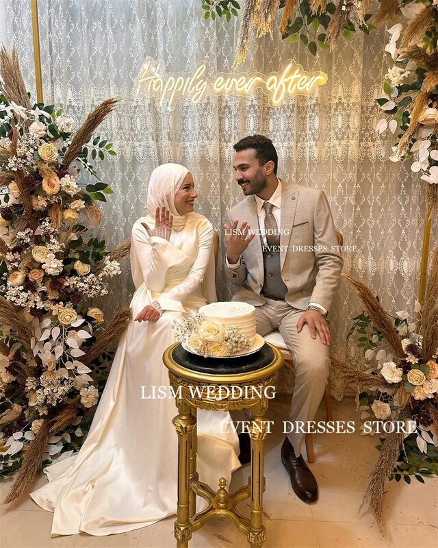 LISM Elegant Hijab Muslim Wedding Dresses Silk Soft Satin for Bride Long Sleeves Bridal Gowns Saudi Arabic Formal Engagement
