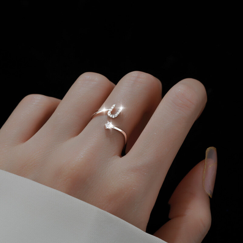 925 anel de prata esterlina com diamante cintilante e zircão, anel aberto, dedo índice, seu nome, festa de aniversário jóias, 26 letras, moda