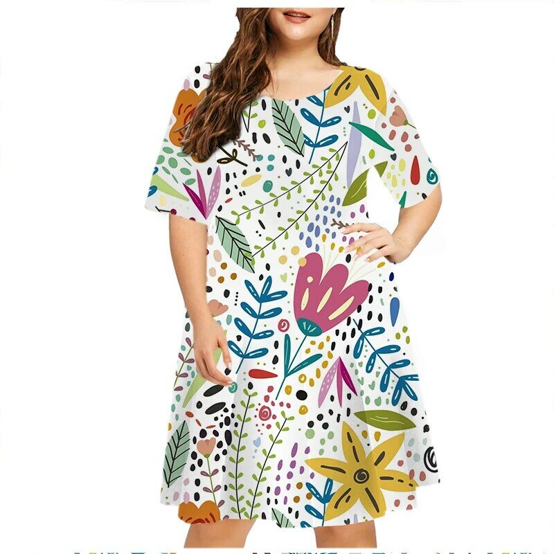 Gaun wanita ukuran besar 5XL 6XL Gaun motif bunga musim panas gaun longgar lengan pendek Hippie pakaian Sundress Vestidos