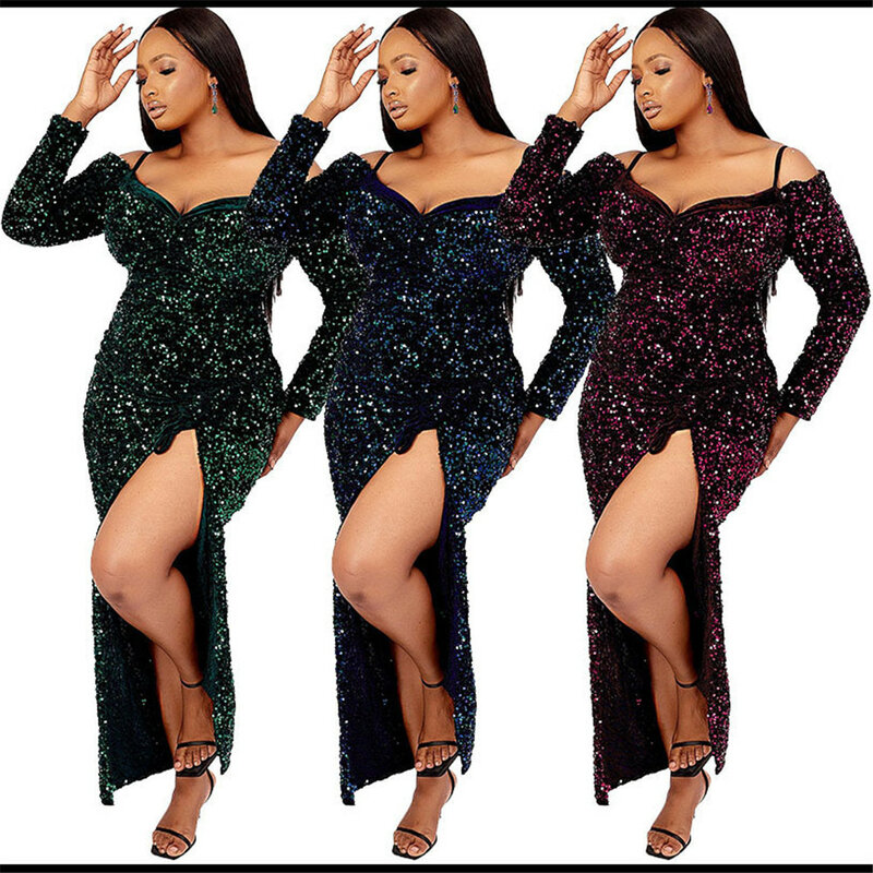 Европейская, американская и Африканская мода 2024 женское вечернее платье с блестками тонкое длинное платье 2303