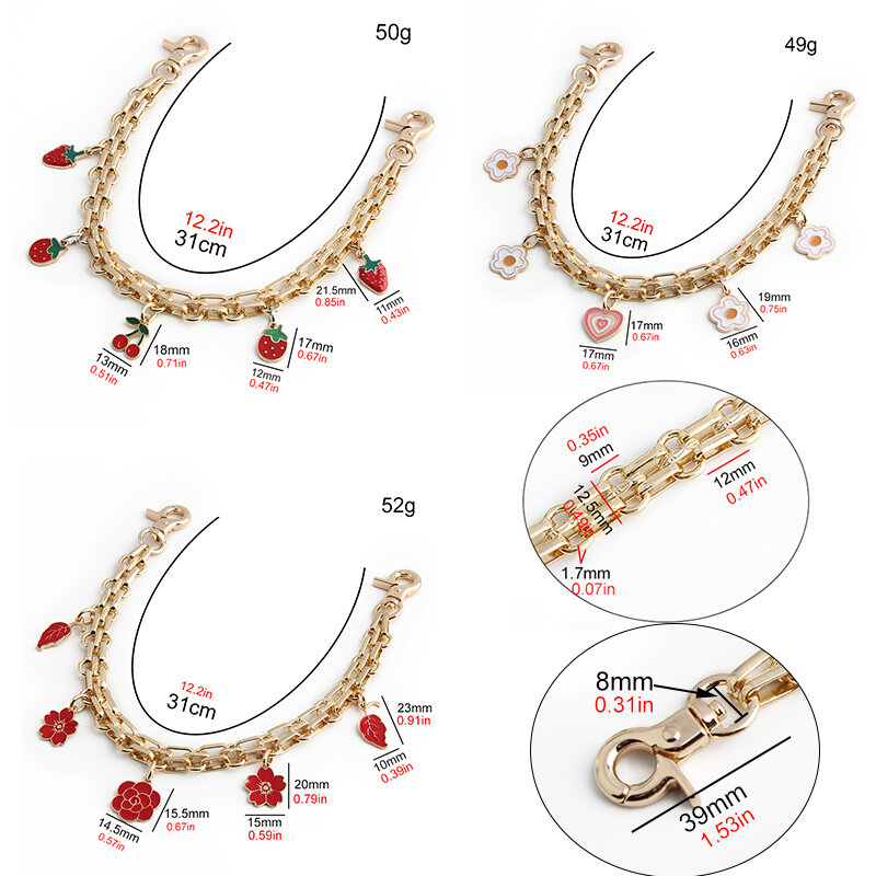 31CM/50CM Gold Metal Bags Extension Chain For Bags Flower Strawberry Pendant Multi layer Female Chain Festival Gifts Accessories