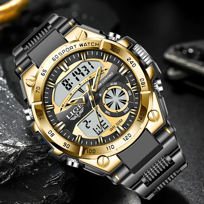 LIGE Top Brand Luxury Men Watches Fashion Dual Display Watch For Men Casual Sport Divier Watch Men Quartz Chronograph Clock Male