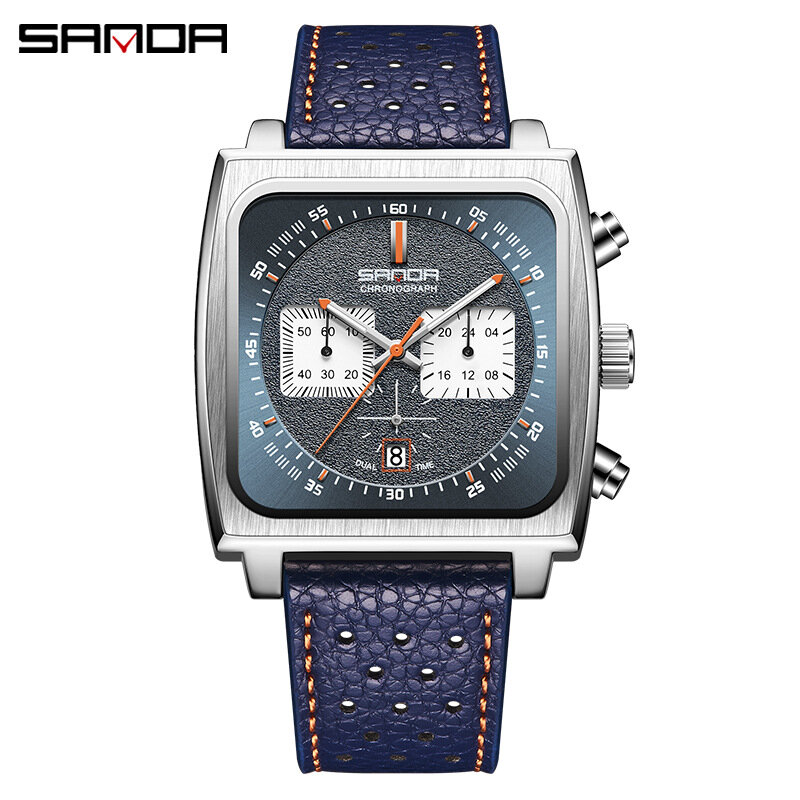 Sanda New Style Watch Six Needles, Fashion Trend Band Calendar Square Men's Quartz Watch, Fluorescent Watch, Fashion Watch