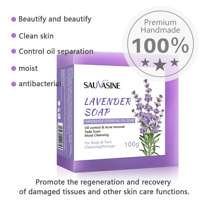 Sabun Lavender untuk Kulit Kontrol Minyak Anti-jerawat Antipruritik Cuci Tungau Perawatan Sabonete Menghilangkan Jerawat Noda Gelap 100G