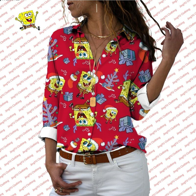 Женская однобортная рубашка с принтом Губка Боб, повседневная универсальная рубашка с отложным воротником и длинным рукавом, модель y2k, 2024