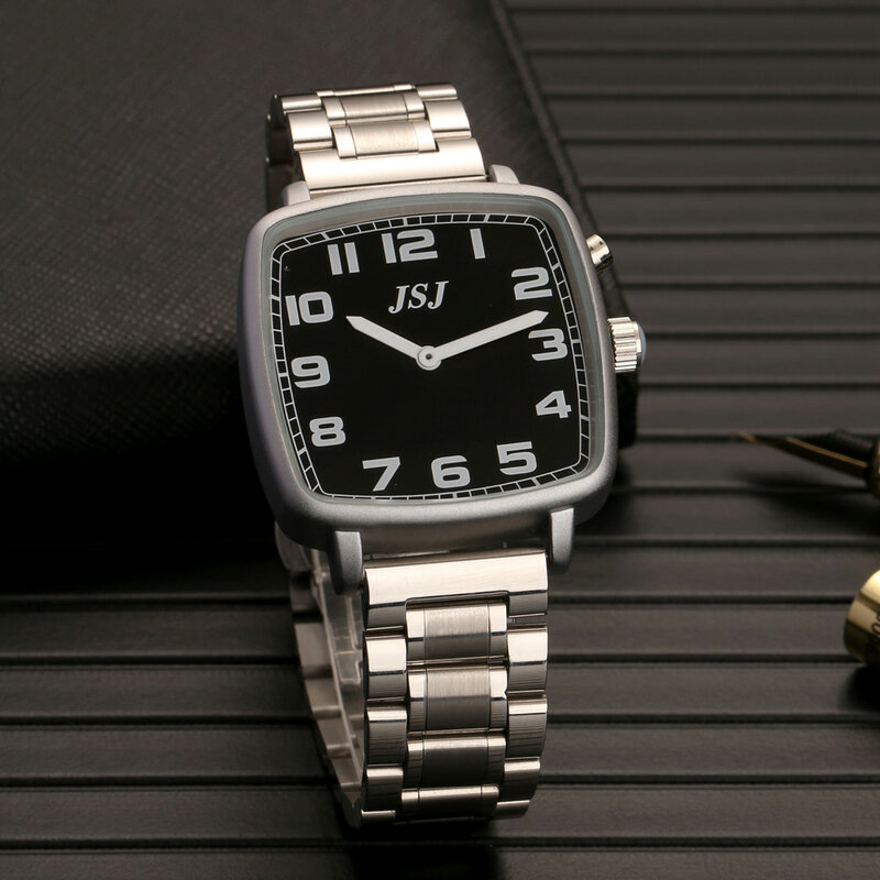 Quadrado inglês falando relógio com alarme, falando data e hora, mostrador preto, pulseira de couro marrom TESW-1714