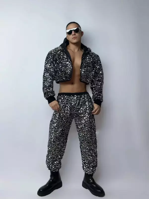 Uomini adulti Hip Hop Dancewear argento paillettes giacca pantaloni cantante Performance Costume Nightclub Bar Dj Gogo Dancer Outfit