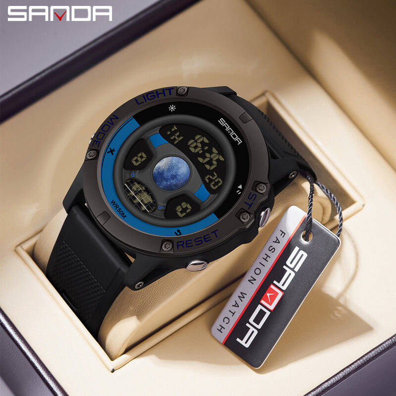 Sanda นาฬิกานาฬิกาสปอร์ตผู้ชายอเนกประสงค์9024, นาฬิกากันน้ำนาฬิกาดิจิตอลนาฬิกา5Bar นาฬิกาปลุกดีไซน์ Setir mobil