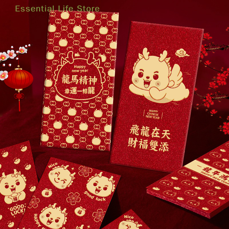 Sobres Rojos creativos de dibujos animados, paquete de 6 piezas, Año Nuevo Chino HongBao, regalo de bendición de Año Nuevo, 2024