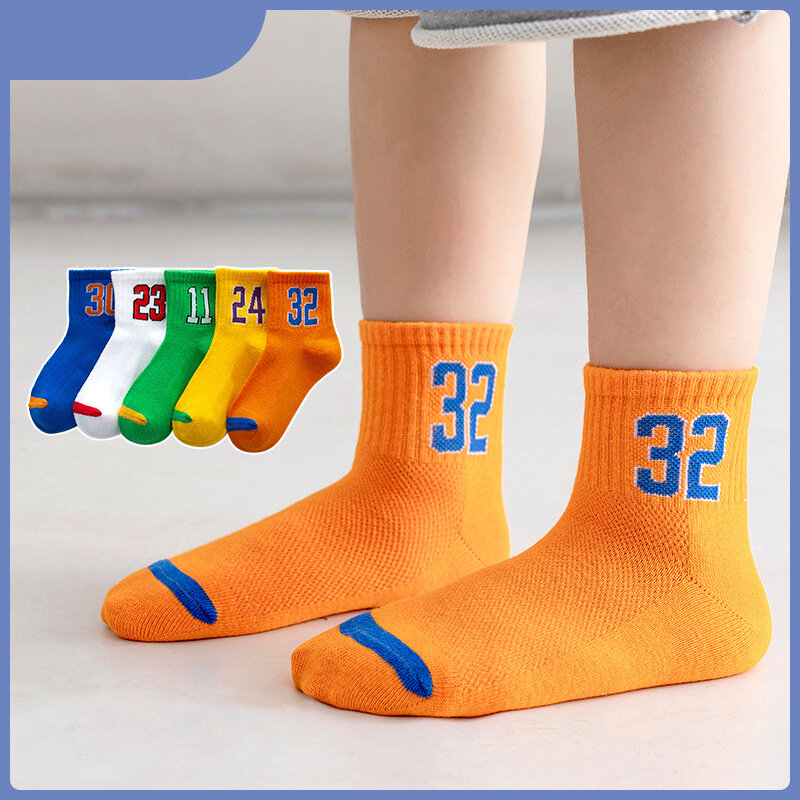 Летние новые детские носки 2022, детские цифровые однотонные спортивные сетчатые носки-трубы для мальчиков и девочек
