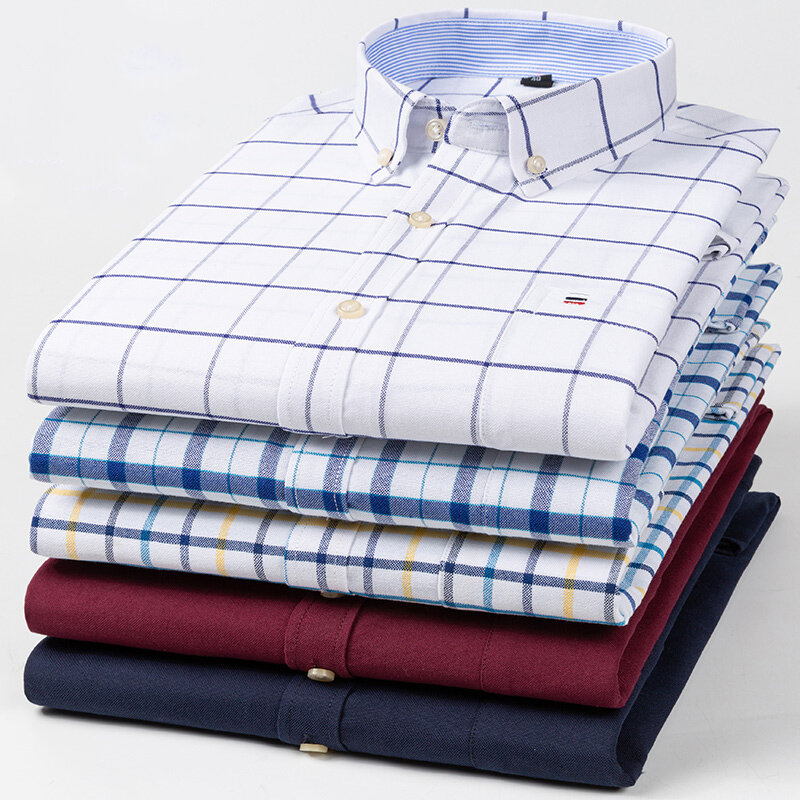 Camisas Oxford de algodón puro para hombre, camisa a cuadros de manga larga, a rayas, color rojo, ropa de diseñador, 100%