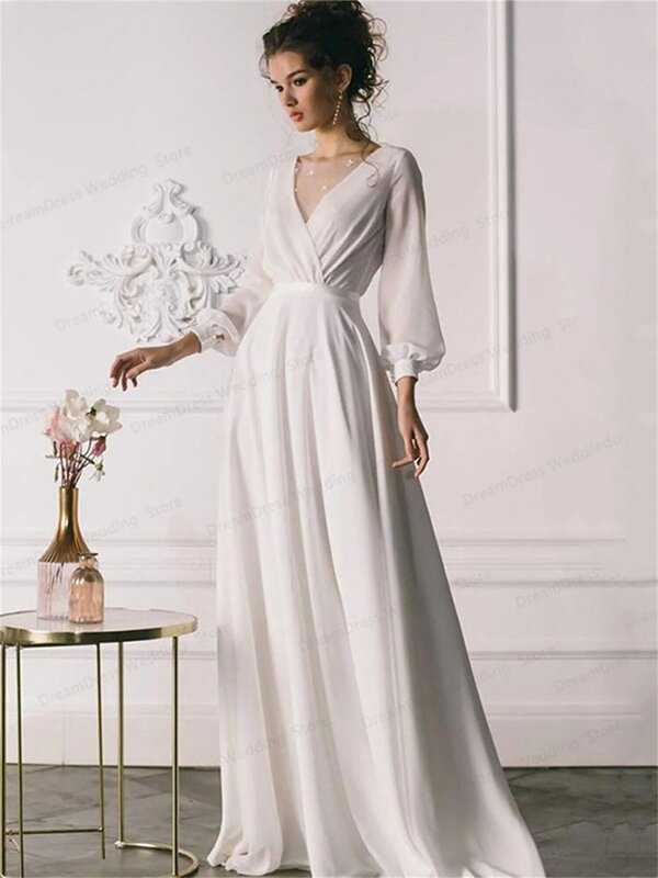 بسيطة طويلة الأكمام الشيفون فستان الزفاف 2023 الخامس الرقبة الطابق طول للعروس رداء دي ماريه مخصص Behomia сваденой