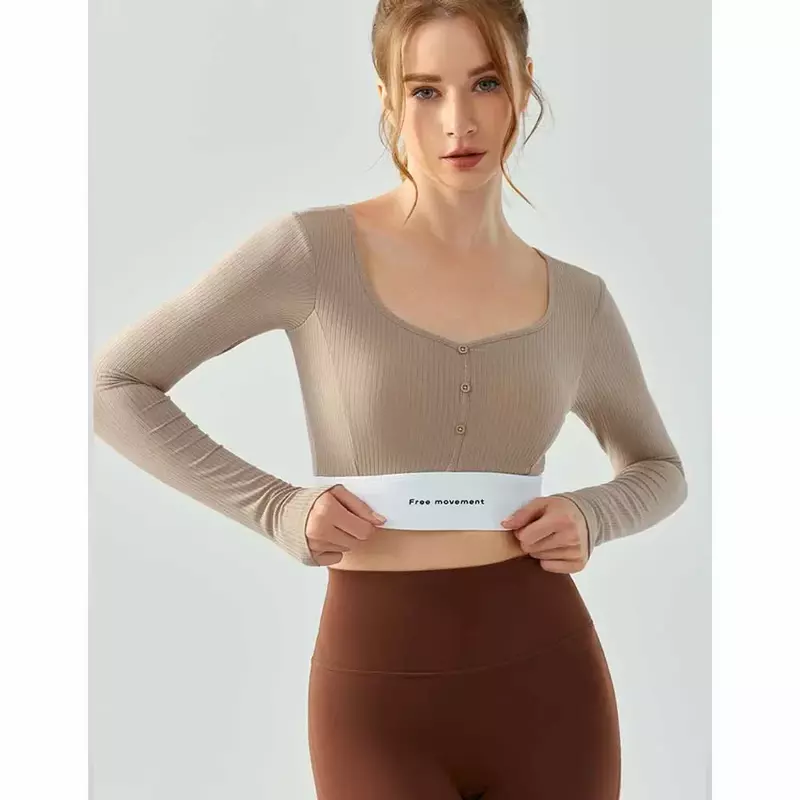 Europe and America Sexy Tight-fitting Yoga Top Long Sleeve Female Semi-fixed Cup Short Slim Running Quick-drying Fitness Clothes