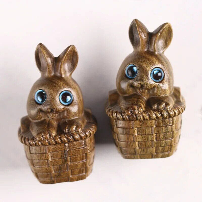 Ornaments bunny miniature items 1PCS Wooden Carving Crafts Cute Zodiac Rabbit Decoration Flower Basket Rabbit Office accessories