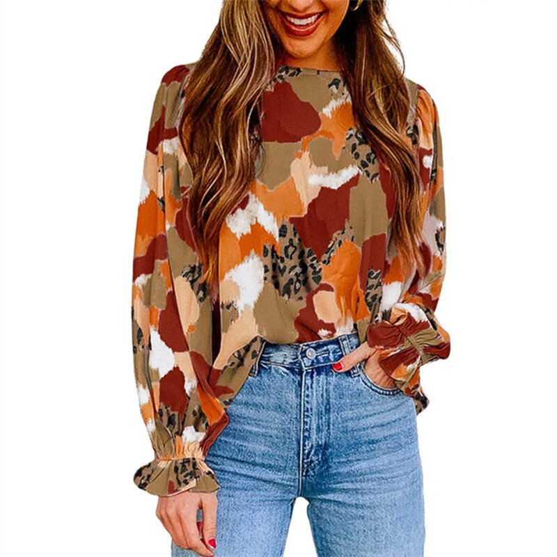 Moda abstrata impressão chiffon camisa feminina outono solto o pulôver pescoço casual tops feminino plissado bolha mangas compridas blusa