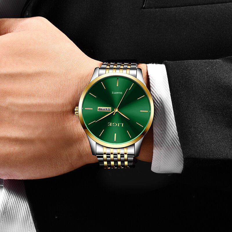 LIGE 2024 탑 브랜드 럭셔리 남자 시계, 빛나는 방수 스테인레스 스틸 시계, 쿼츠 남자 날짜 달력 비즈니스 손목시계