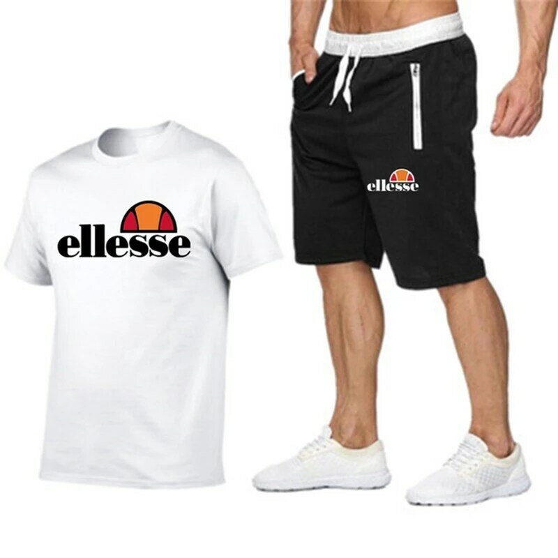 Мужская футболка с принтом ellesse, брендовая Повседневная модная футболка, мощный летний хлопковый Мужской комплект из двух предметов с коротким рукавом и шортами, 2024
