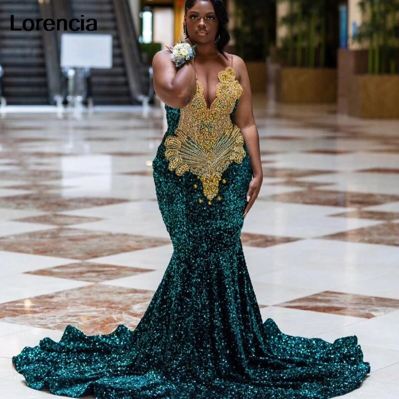 Lorencia Green Sequins Prom Dress African For Blackgirl Gold Rhinestones Beaded Formal Party Gala Gown Robe De Soiree YPD110