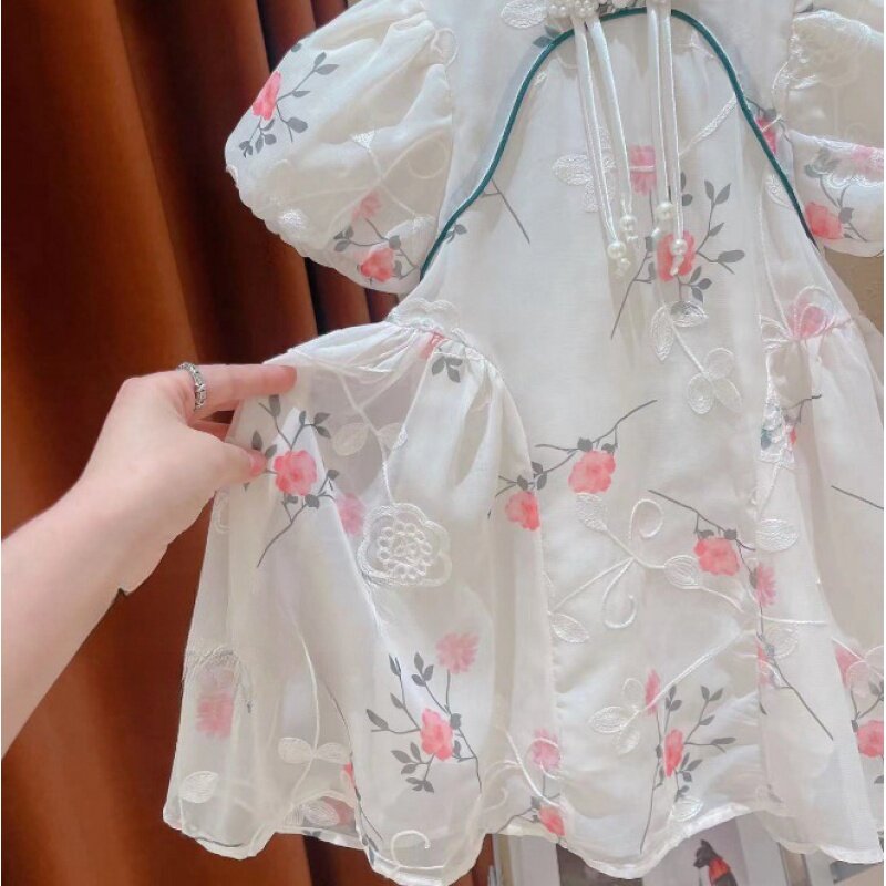 Новая продукция для девочек, лето, Детский костюм в национальном стиле с рукавами-пузырями и воротником-стойкой, винтажное Цветочное платье WSNY