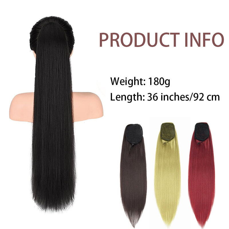 36 inches Black Natural long straight Drawstring Ponytail - Women's Easy-Attach Synthetic Extension for Voluminous Look