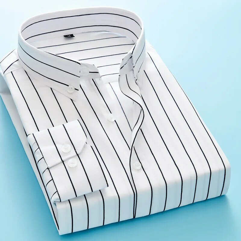 Camisa slim fit manga comprida listrada masculina, camisa casual, branca, vestido social de negócios, moda outono, nova, 2023