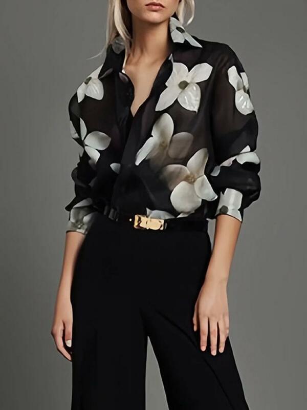 Freeacy Urban Women's Elegant Shirt Top Flower Printed Lapel Long Sleeve Buttoned Female Blouses 2024 Spring Summer New Shirts