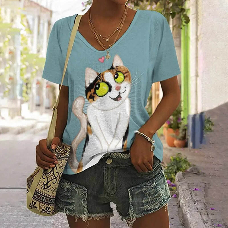 Pulôver 3D com estampa com gola V feminino, camisetas casuais, camisetas de manga curta, streetwear solto, roupas de verão