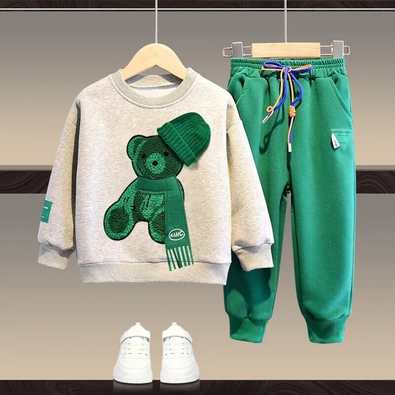 Осенний комплект одежды для маленьких девочек и мальчиков, детский спортивный свитшот с мультяшным медведем, топ и штаны, костюм из двух предметов с пуговицами, хлопковый спортивный костюм