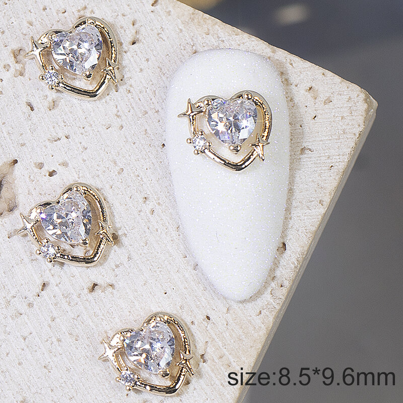2 Pcs Luxurious Sparkling Gold Zircon 3D Alloy Heart Butterfly Nail Art Zircon Metal Nail DIY Accessories Nail Decoration