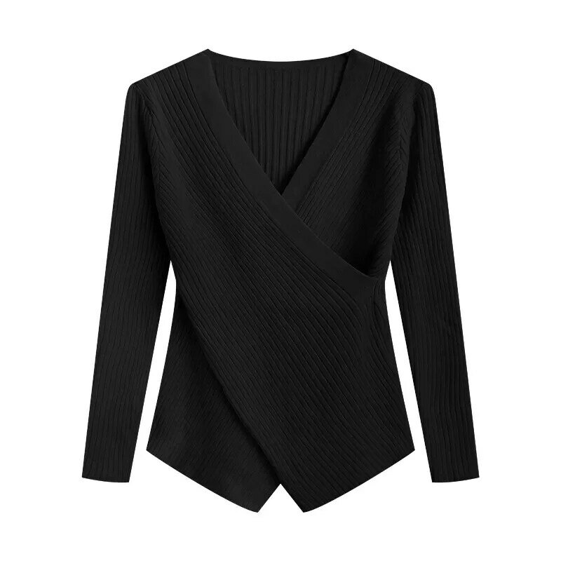 Suéter de lã merino pura feminina, tricô de caxemira, blusa chique básica com decote em v, pulôver quente, moda inverno, outono, 2024