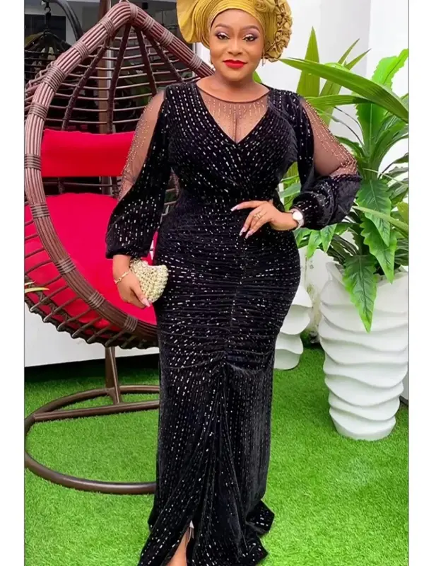 African Elegant Party Dresses for Women Plus Size Sequin Evening Gown Kaftan Muslim Maxi Long Bodycon Dress Ladies Clothing